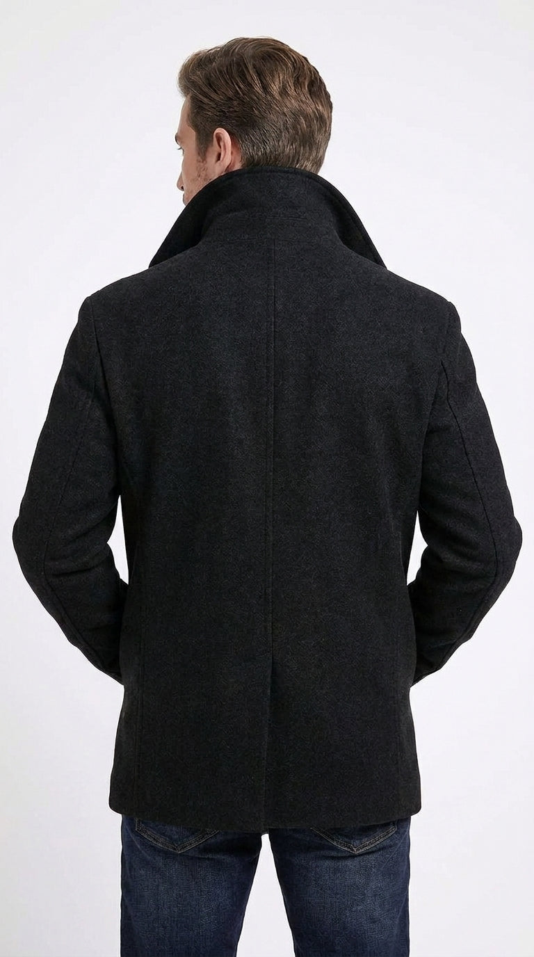 Men’s Black Big and Tall Wool Peacoat – Regular Fit Double-Breasted Winter Coat