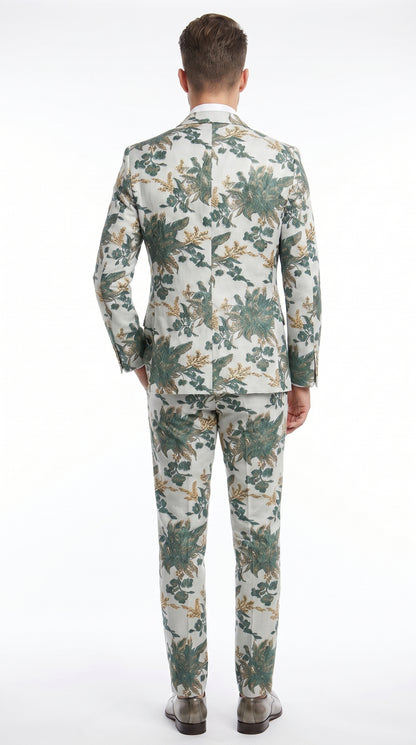 Men’s Green and Gold Floral Paisley Tuxedo Suit with Matching Bow Tie, Fancy Prom Wedding Formal Suit Set
