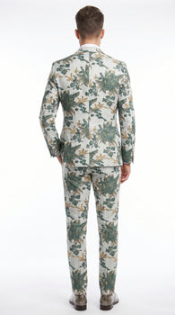 Men’s Green and Gold Floral Paisley Tuxedo Suit with Matching Bow Tie, Fancy Prom Wedding Formal Suit Set