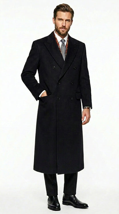 Men’s Black Six Button Fully Lined Overcoat, Long Winter Topcoat for Formal Business Wear