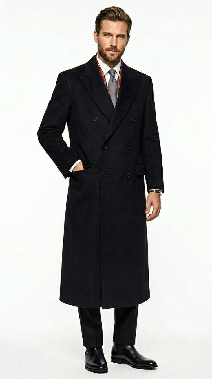 Men’s Black Six Button Fully Lined Overcoat, Long Winter Topcoat for Formal Business Wear