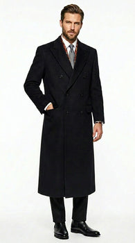 Men’s Black Six Button Fully Lined Overcoat, Long Winter Topcoat for Formal Business Wear