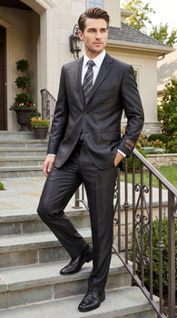 Men’s Vitali Black Sharkskin 2 Button Suit, Formal Wedding Business Dress Suit Set