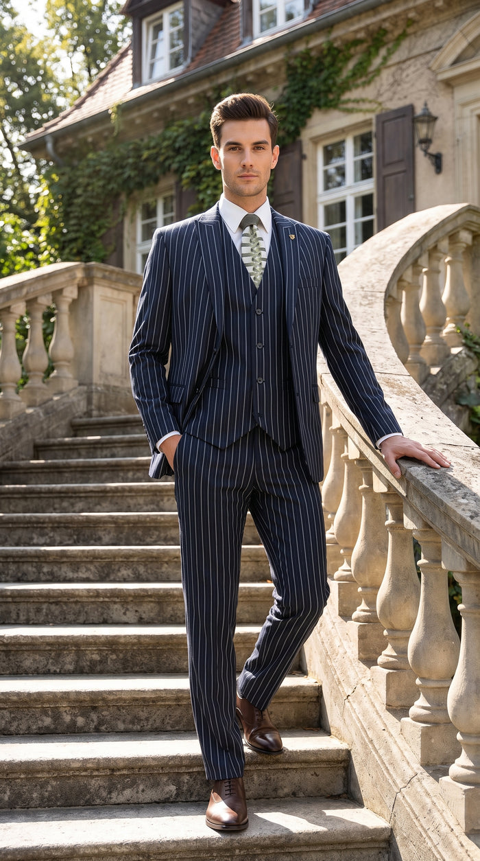 Men’s 1920s Gangster Dark Blue Bold Pinstripe 3 Piece Suit, Vested Fashion Suit with Pleated Pants Modern Fit