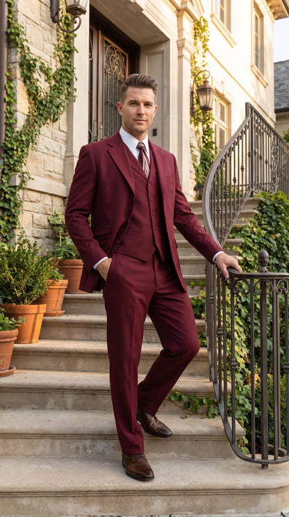 Men’s Burgundy Wine Maroon 3 Piece Vested Suit, Peak Lapel Formal Wedding Church Dress Suit Set