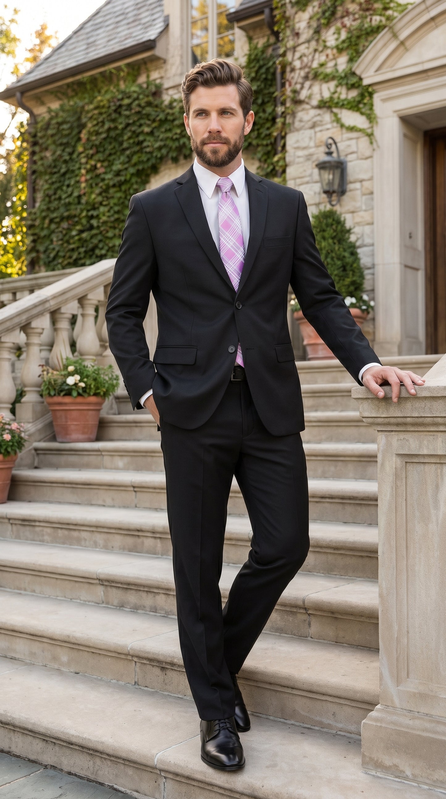 Men’s Black 2 Button Poplin Suit, Formal Wedding Business Church Dress Suit Set Modern Fit