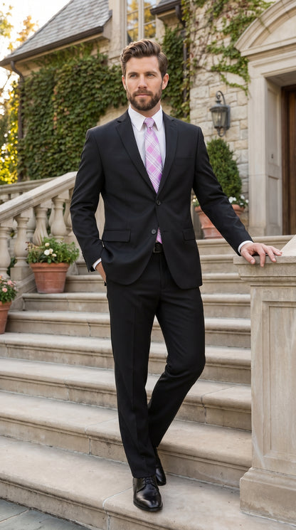 Men’s Black 2 Button Poplin Suit, Formal Wedding Business Church Dress Suit Set Modern Fit