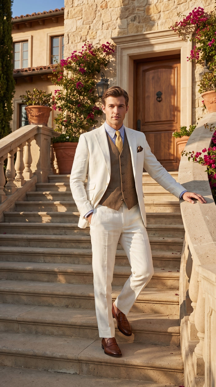 Men’s Off White Great Gatsby 3 Piece Suit, Vintage Wedding Prom Formal Vested Suit Set Modern Fit