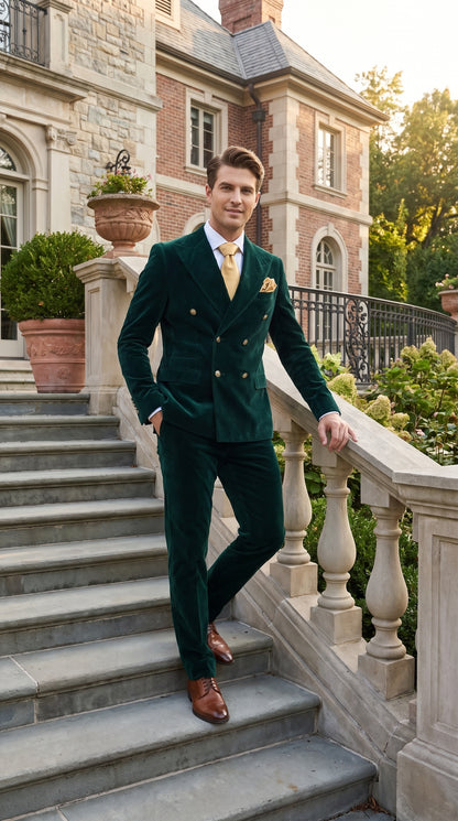 Men’s Rossi Man Zeus Emerald Green Velvet Double Breasted Tuxedo Suit, Formal Wedding Prom Dinner Suit