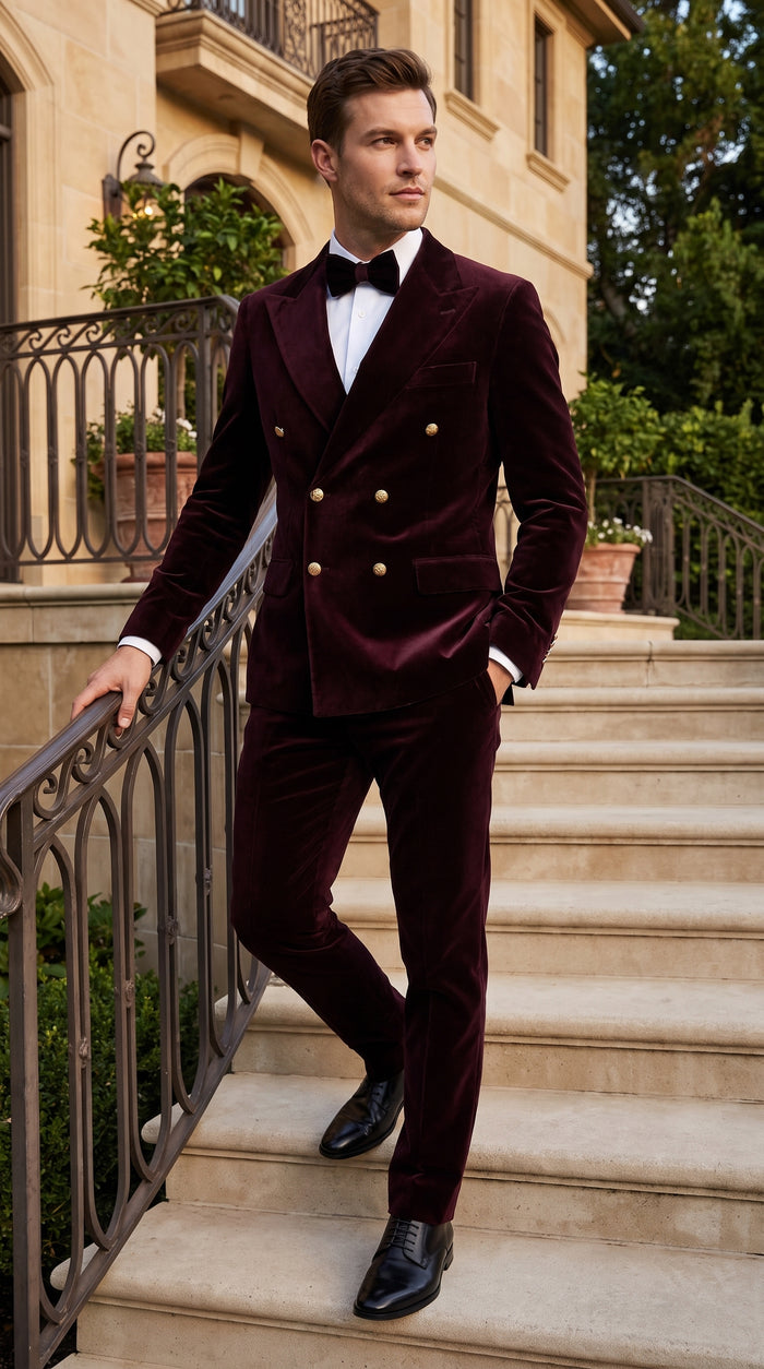 Men’s Rossi Man Zeus Dark Brown Velvet Double Breasted Tuxedo Suit, Formal Wedding Prom Dinner Suit Set