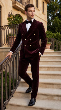 Men’s Rossi Man Zeus Dark Brown Velvet Double Breasted Tuxedo Suit, Formal Wedding Prom Dinner Suit Set
