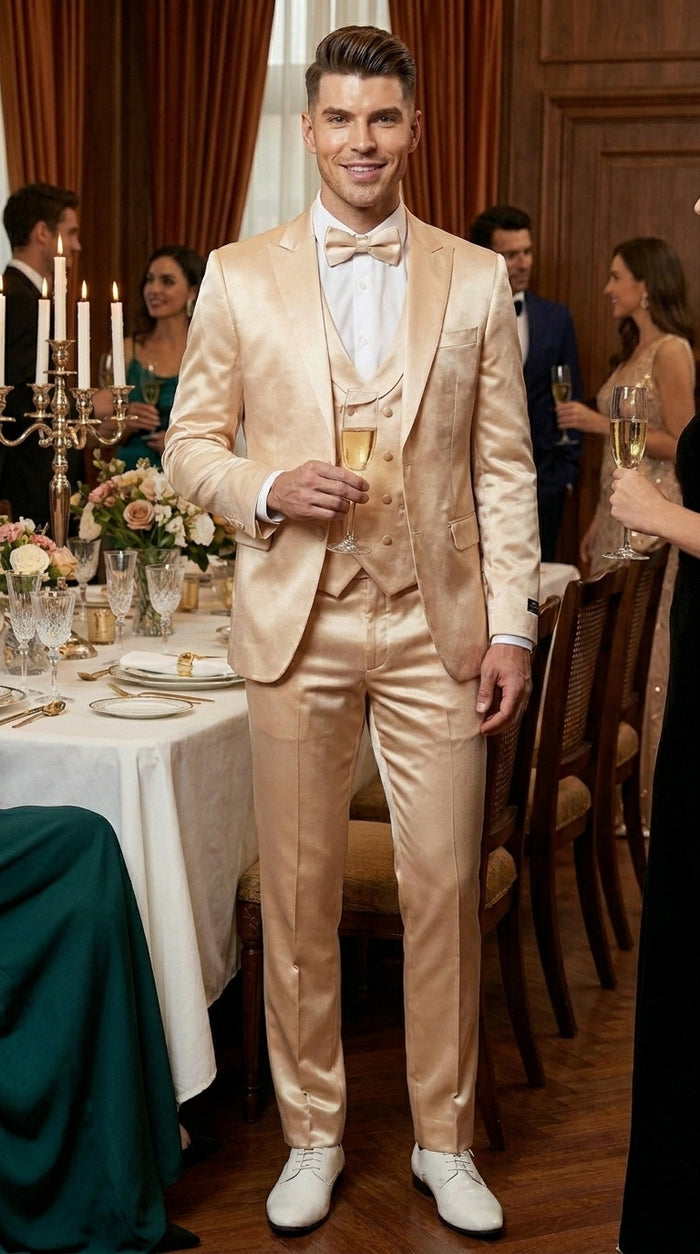 Champagne Suit - Light Gold Color Shiny Suit - Sateen Suit - Wedding Tuxedo Suit