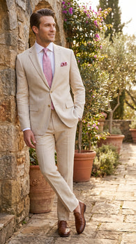 Men’s Natural Linen 2 Piece Suit with Side Vents, Two Button Regular Fit Summer Dress Suit