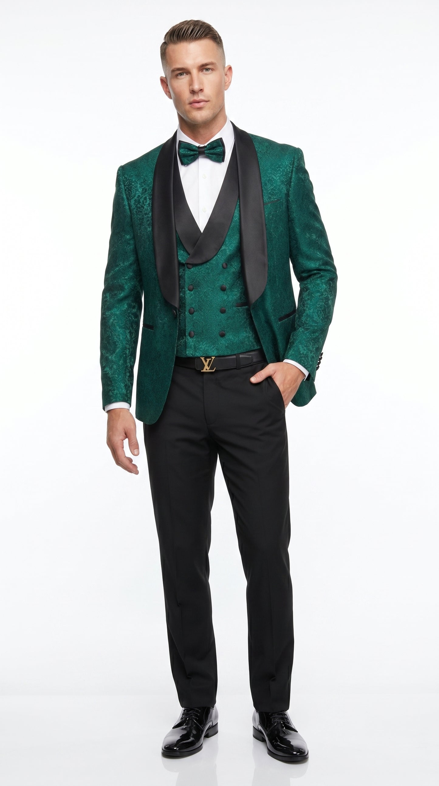 Men’s Hunter Green Textured Pattern  Suit with Black Shawl Lapel, Formal Wedding Prom Suit Modern Fit