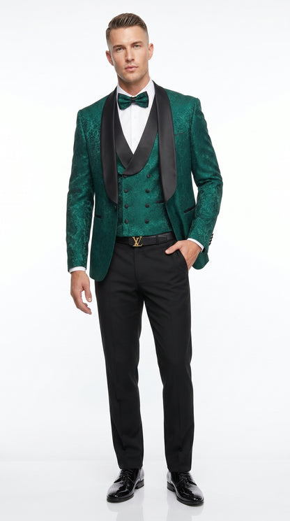 Men’s Hunter Green Textured Pattern  Suit with Black Shawl Lapel, Formal Wedding Prom Suit Modern Fit