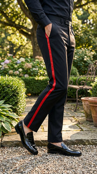 Men’s Black Tuxedo Pants with Red Satin Side Stripe, Classic Formal Slacks Unhemmed Bottom