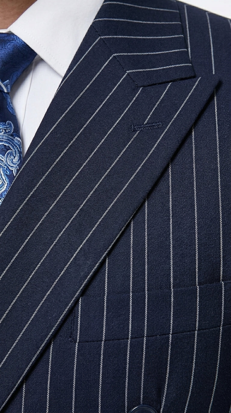 Men’s Navy Blue Double Breasted Gangster Pinstripe Suit, 1920s Formal Dress Suit