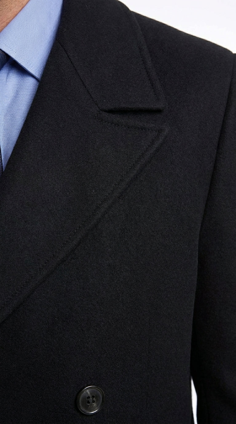 Men’s Black Diamond Solid Black Wool Double Breasted Gabardine Trench Coat