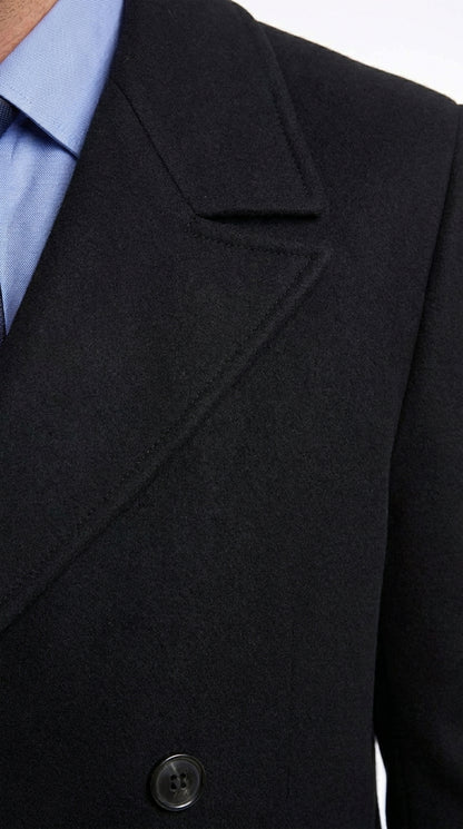 Men’s Black Diamond Solid Black Wool Double Breasted Gabardine Trench Coat