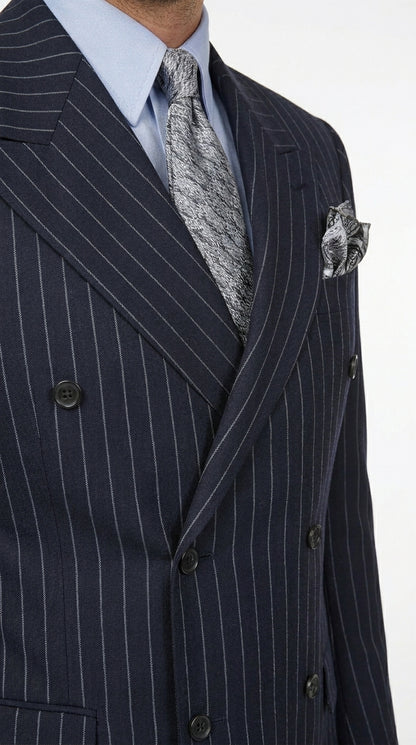 Men’s Dark Navy Blue Chalk Pinstripe Double Breasted Suit, Formal Wedding Business Dress Suit Set Modern Fit