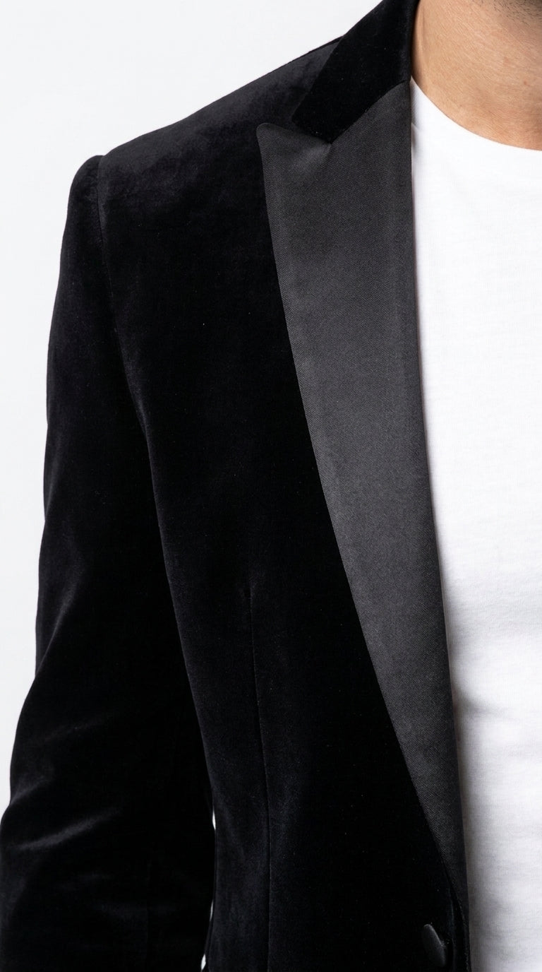 Men’s Black Velvet Blazer – 2 Button Velour Tuxedo Dinner Jacket