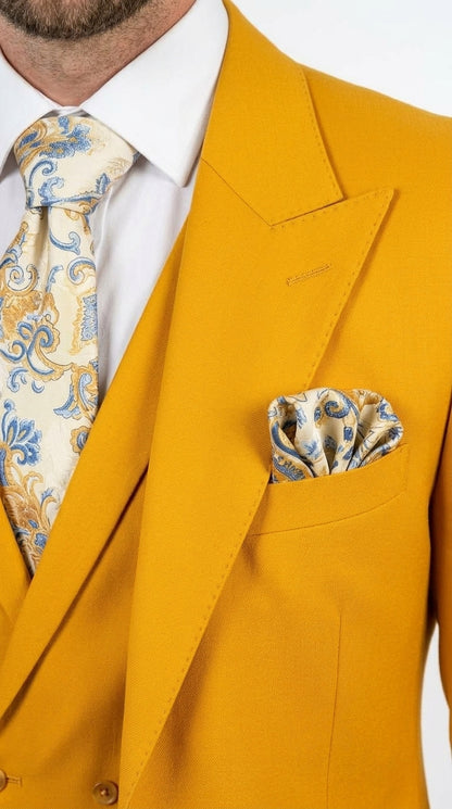 Rossi Man ELI RM103 – Men’s Bold Yellow Modern Fit 3-Piece Suit with Peak Lapel