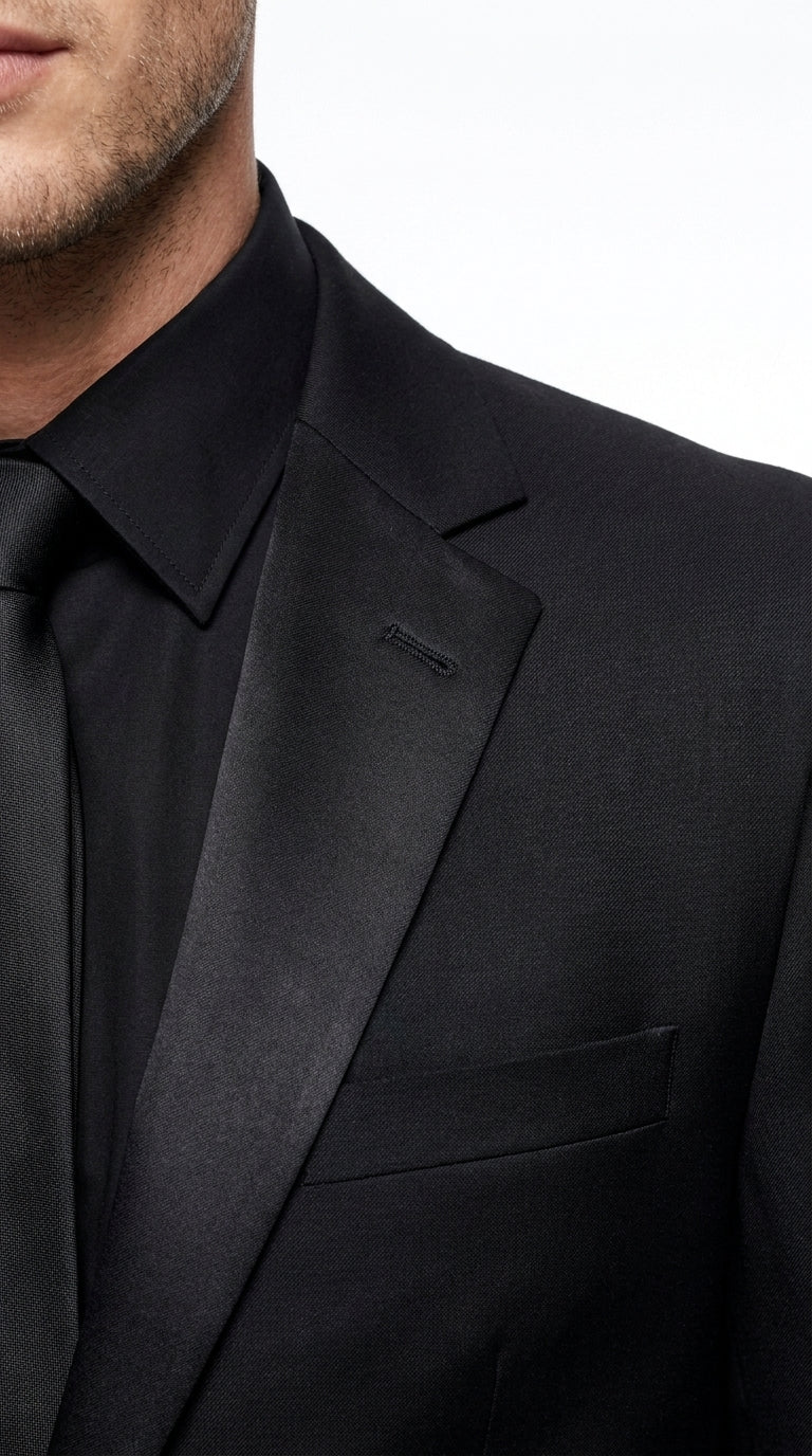 Men’s Black 2-Button Tuxedo Package Deal – Black Dress Shirt & Tie Formal Suit Set