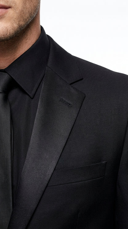 Men’s Black 2-Button Tuxedo Package Deal – Black Dress Shirt & Tie Formal Suit Set