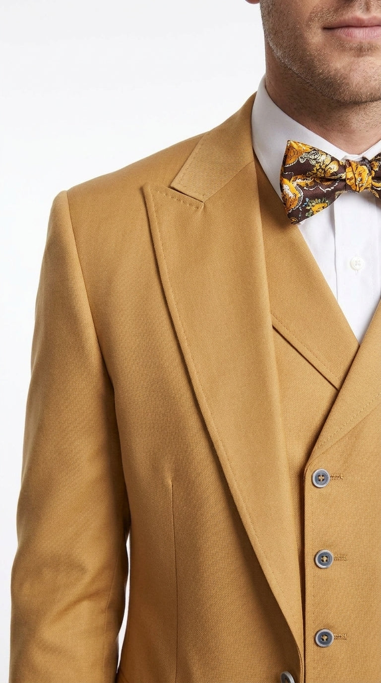 Men’s Camel Big & Tall 3-Piece Wool Suit – Peak Lapel Classic Fit with Double-Breasted Vest & Pleated Pants