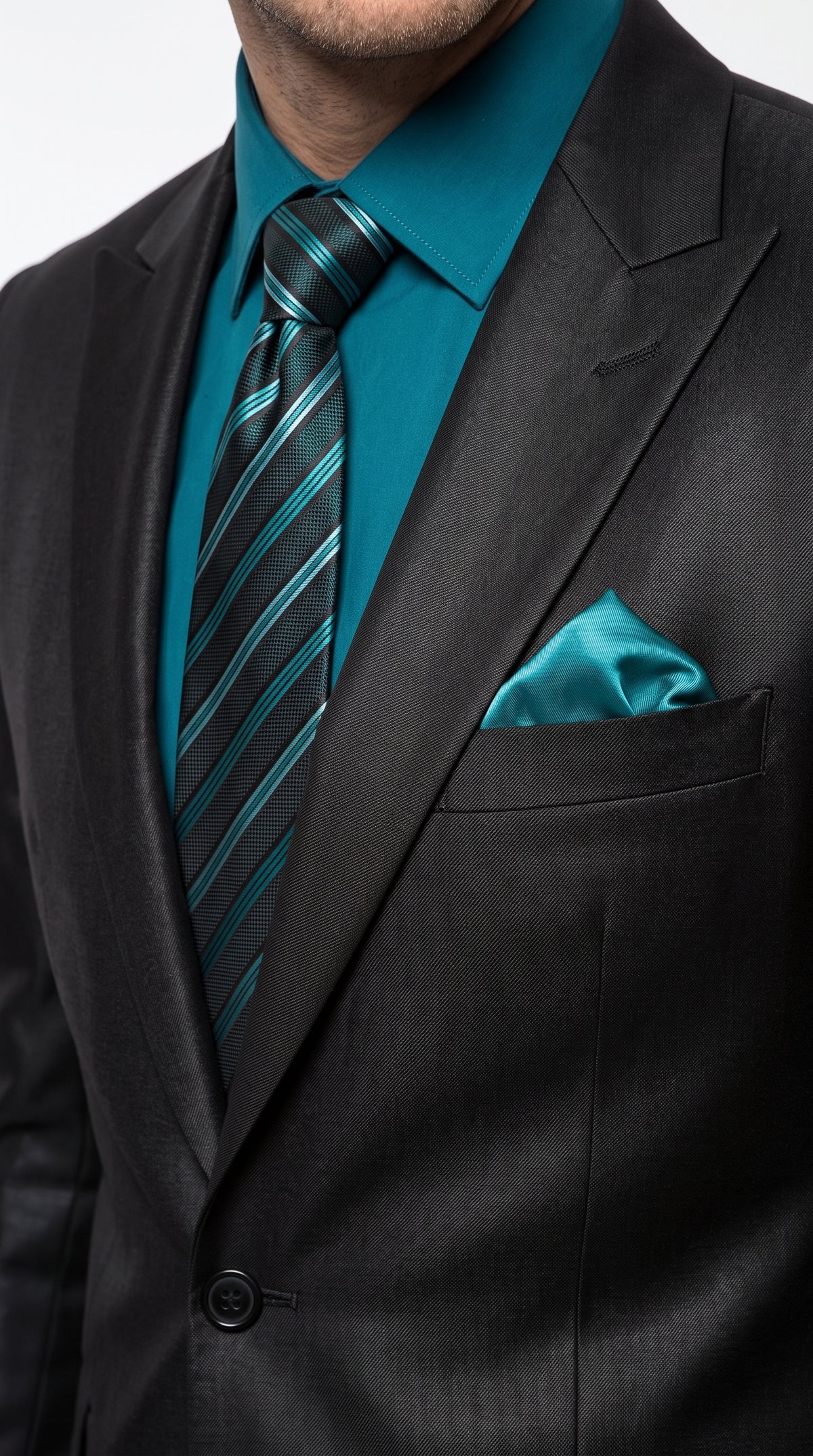 Men’s Black Sharkskin 1 Button Suit, Modern Fit Peak Lapel Wool Blend Formal Dress Suit
