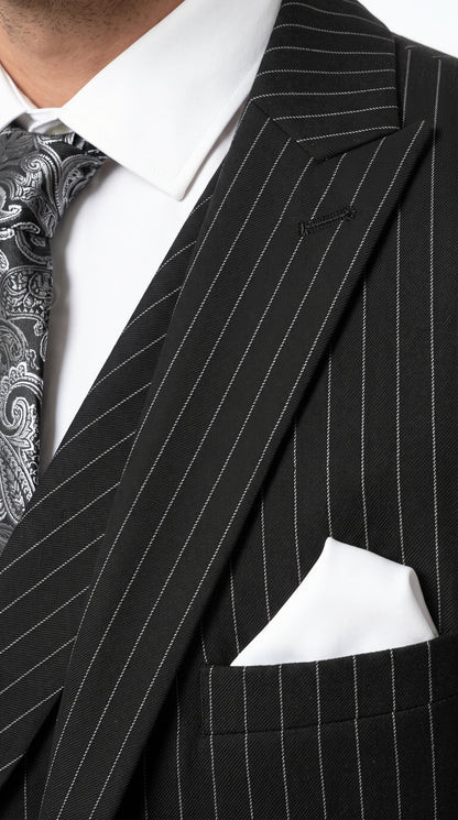 Men’s Black Gangster Pinstripe 3-Piece Suit – 2 Button Jacket with Double-Breasted Vest, Modern Fit