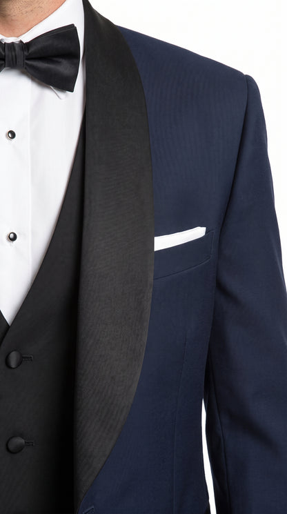 Men’s Big & Tall Navy Blue Tuxedo – Black Satin Shawl Lapel Formal Wedding & Prom Suit