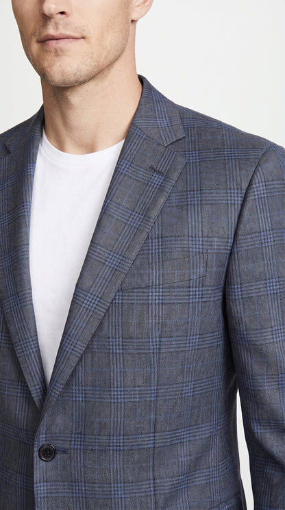 Men’s Charcoal Grey & Blue Plaid Blazer – Windowpane Pattern Sport Coat for Business, Wedding & Formal Wear