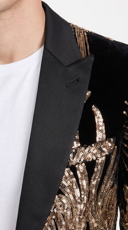 Men’s Black & Gold Peacock Sequin Tuxedo Jacket – Luxury Prom, Wedding & Party Blazer with Black Shawl Lapel