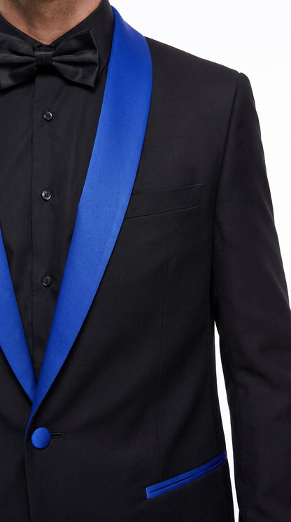 Men’s Black One-Button Suit with Royal Blue Shawl Lapel – Prom & Formal Suit