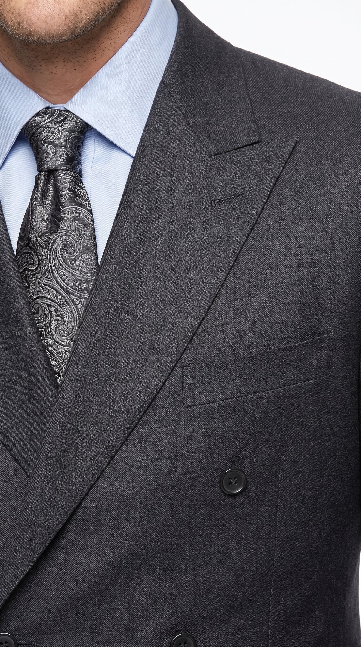 Men’s Dark Grey Double-Breasted Wool Suit – Peak Lapel, Side Vent & Pleated Pants Formal Suit