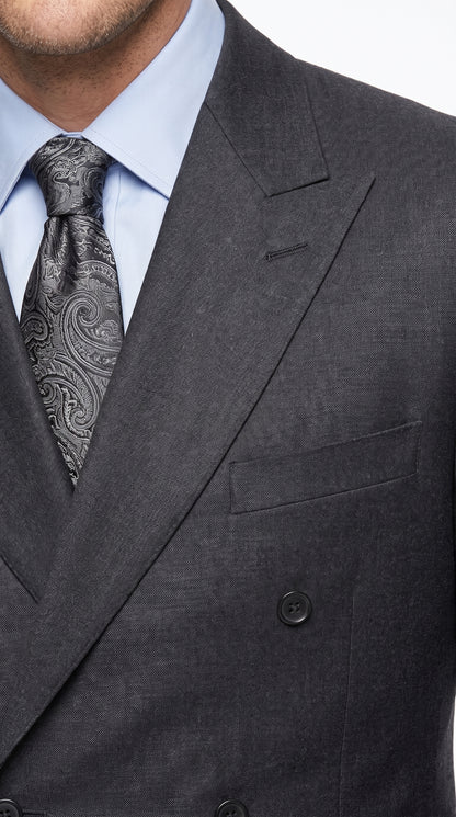 Men’s Dark Grey Double-Breasted Wool Suit – Peak Lapel, Side Vent & Pleated Pants Formal Suit
