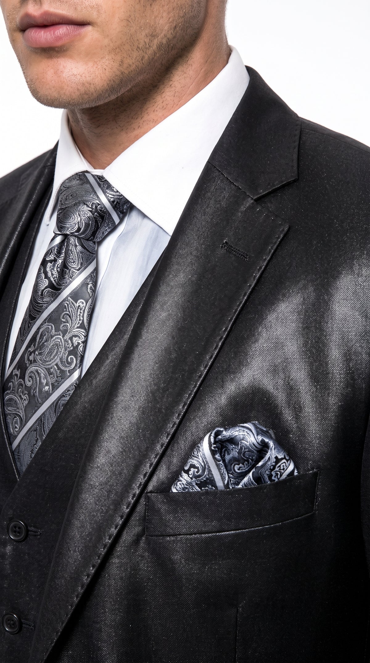 Men's Black Shiny Sharkskin 3-Piece Vested Suit – Flashy Satin Finish Formal Wedding, Prom & Party Suit