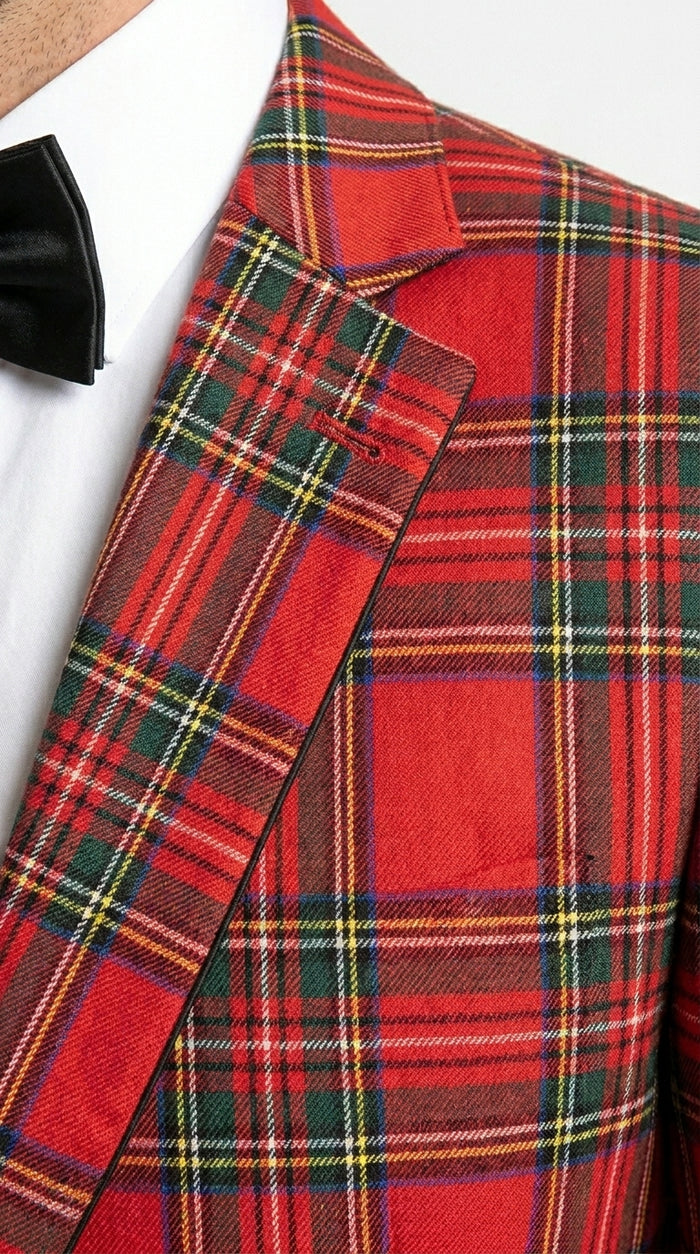 Men’s Red Tartan Plaid Tuxedo Jacket with Black Shawl Lapel, Holiday Christmas Wedding Prom Blazer