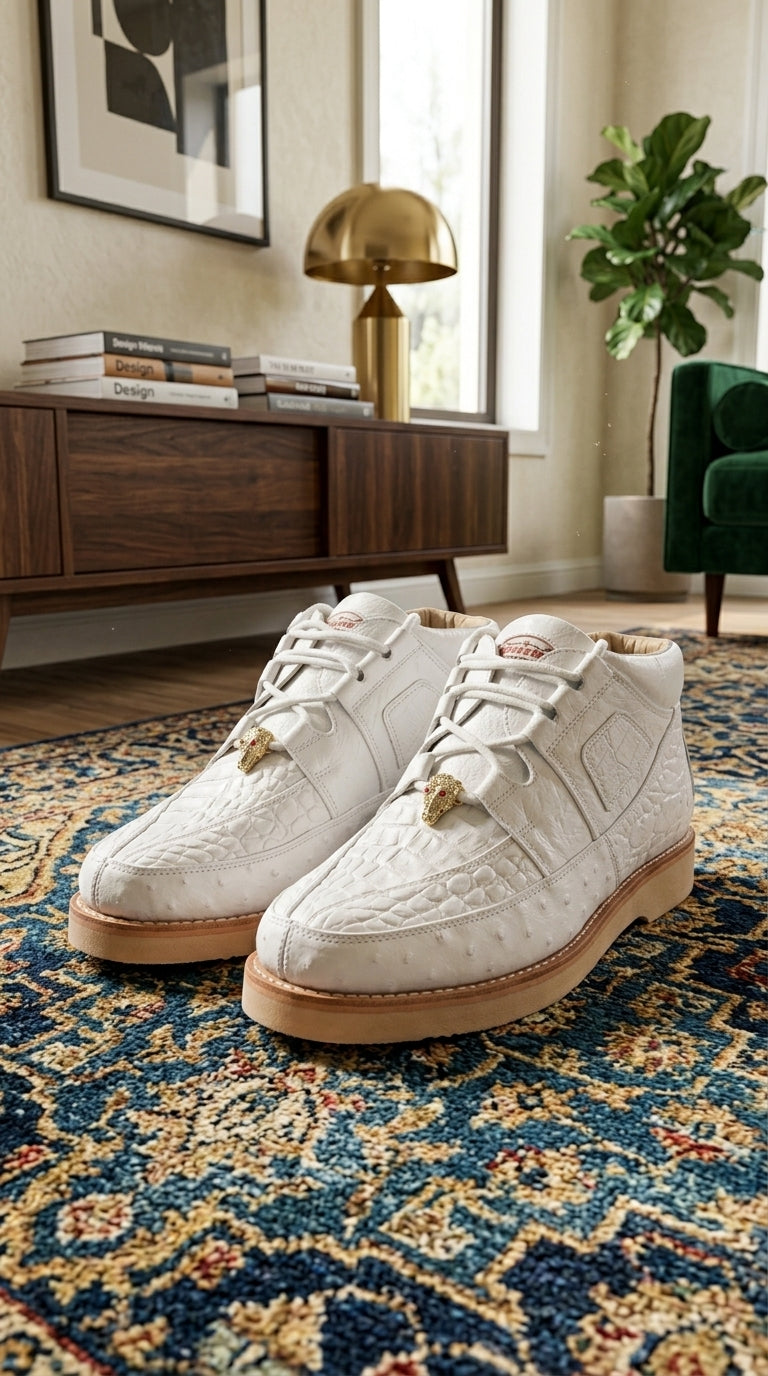 Los Altos Men’s White Caiman and Ostrich Skin Casual Sneakers, Exotic Leather Lace Up Shoes