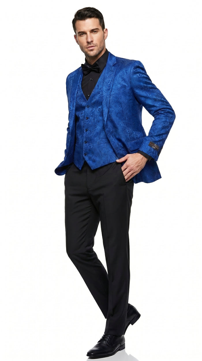 Men’s Royal Blue Indigo Paisley Prom Tuxedo Suit with Floral Jacket, Vest and Pants