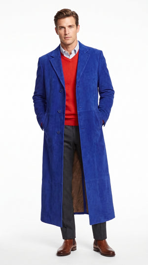 Men's Royal Blue Full Length Overcoat – Classic Long Winter Dress Coat, Elegant Formal Topcoat for Men