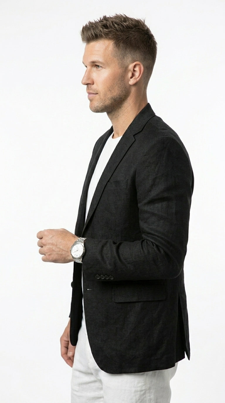 Men’s Black Lightweight Linen Blazer, Summer Business Casual Wedding Sport Coat Jacket