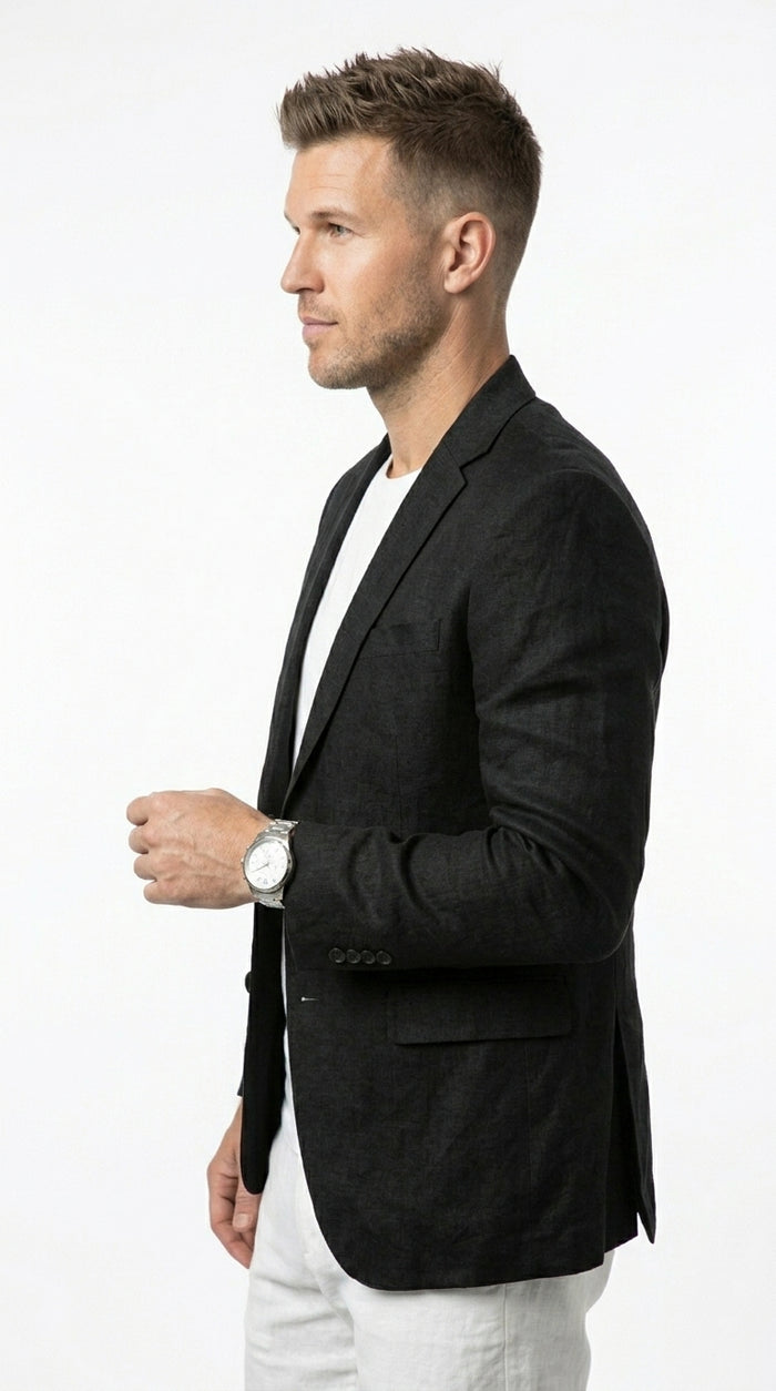 Men’s Black Lightweight Linen Blazer, Summer Business Casual Wedding Sport Coat Jacket