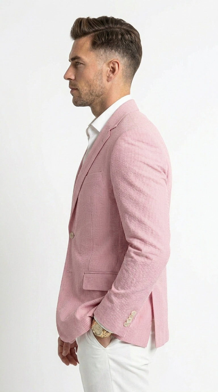 Men’s Light Red Seersucker Blazer Jacket with Notch Lapel, Dress Casual Sport Coat