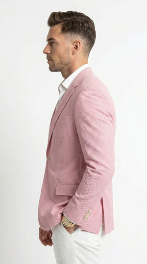 Men’s Light Red Seersucker Blazer Jacket with Notch Lapel, Dress Casual Sport Coat