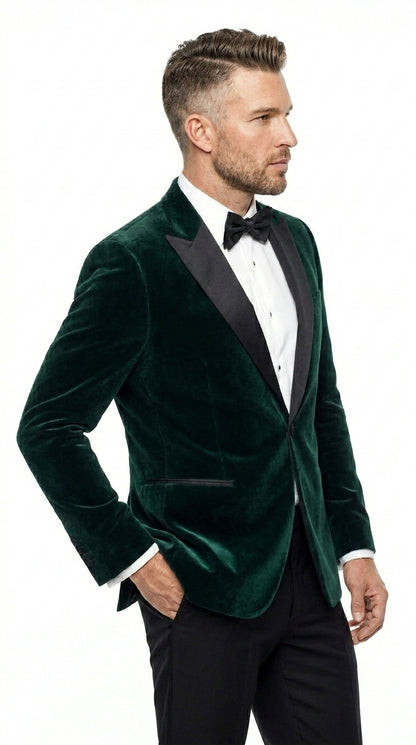 Men’s Olive Hunter Green Velvet Tuxedo Jacket with Black Satin Lapel, Formal Wedding Dinner Blazer