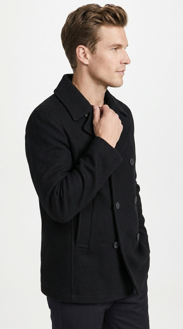 Men’s Black Big and Tall Wool Peacoat with Three Button Double Breasted Closure