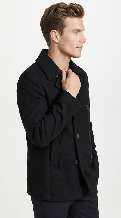 Men’s Black Big and Tall Wool Peacoat with Three Button Double Breasted Closure