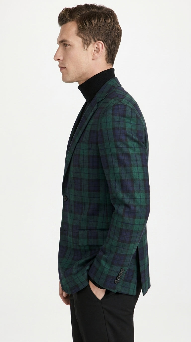 Men’s Green Tartan Plaid Dinner Jacket with Notch Lapel, Formal Sportcoat Blazer